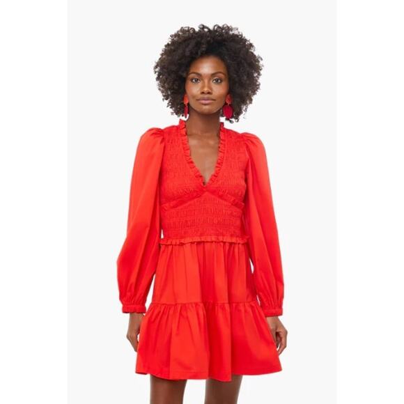 SEA NEW YORK NWT Scarlet Gaia Solid Cotton Long Sleeve Mini Dress Sz 12 Ruffles - Picture 14 of 14